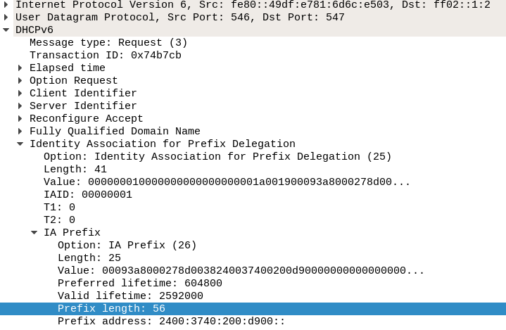 Prefix request packet details